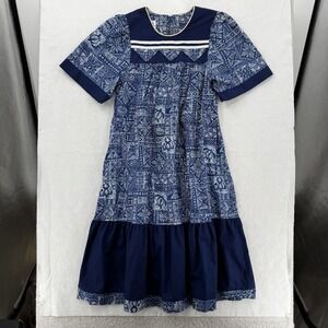 Vintage Karyl Kaye Muumuu Dress Womens Small Hawaiian Blue Tapa Block Print Midi